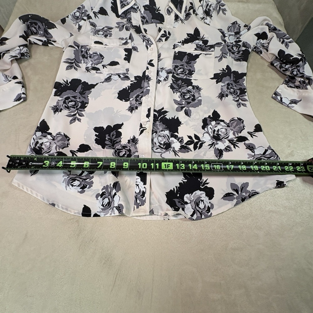 Candie's Women's L Chiffon Floral Button-Up Blouse White Black Gray Long Sleeve - Picture 5 of 13